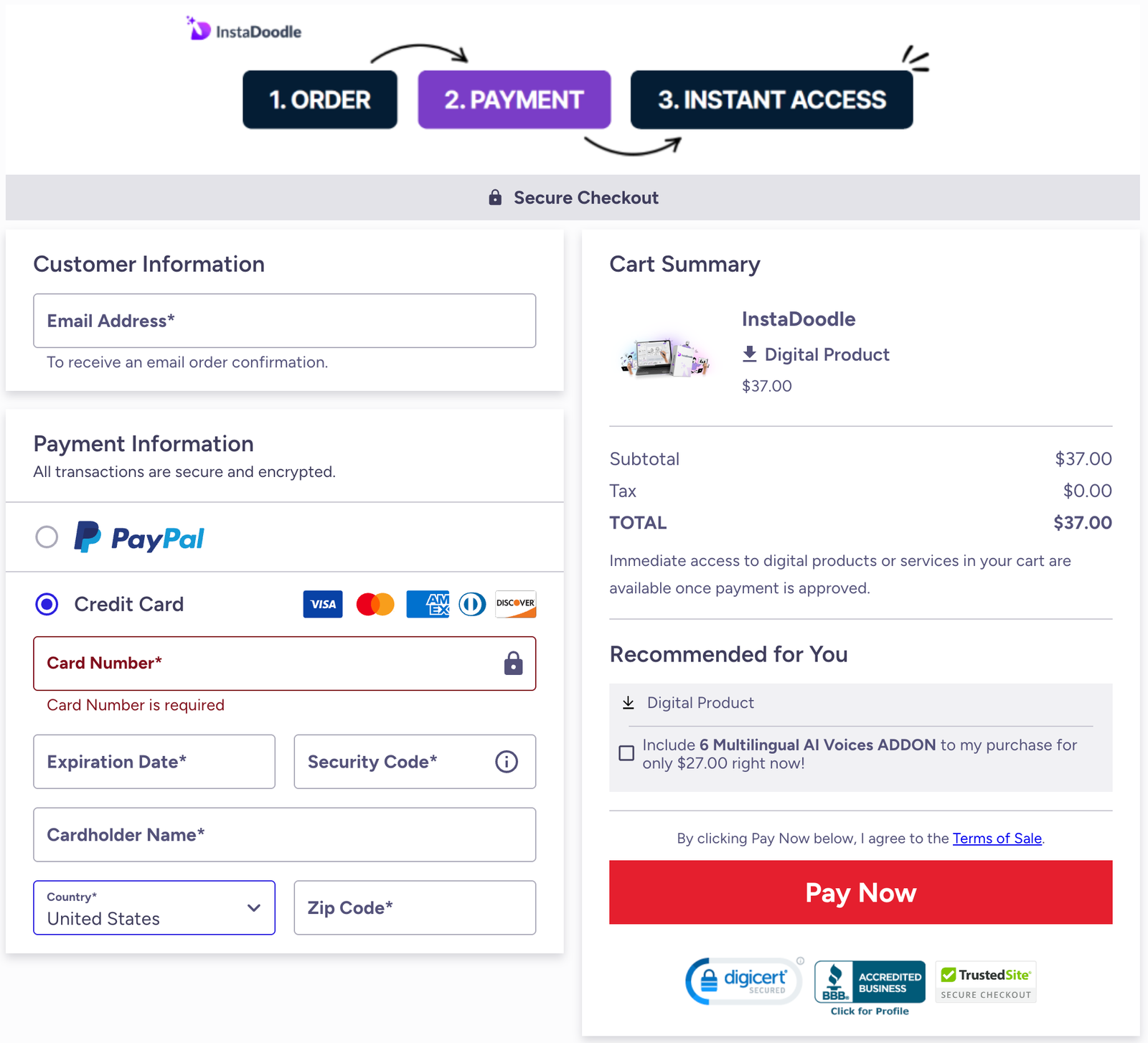 InstaDoodle Checkout Page